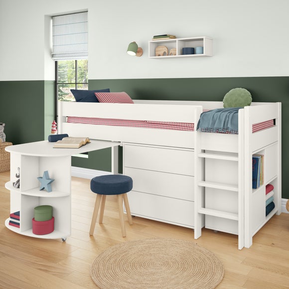 Stompa Uno Midsleeper With Pull Out Desk Chest Of Drawers And Cube Unit Pine White