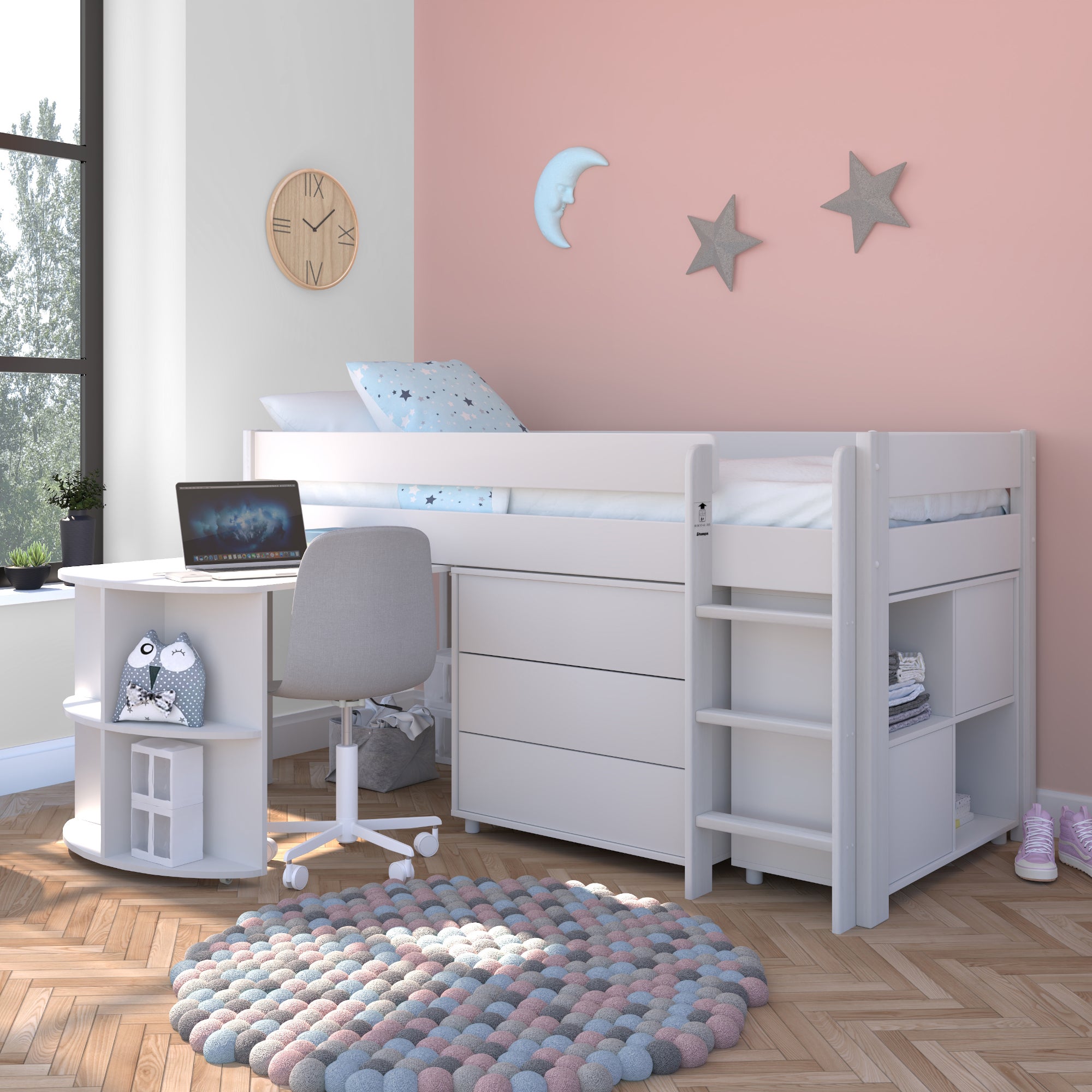 Stompa Uno Midsleeper With Pull Out Desk Chest Of Drawers And Cube Unit Pine White