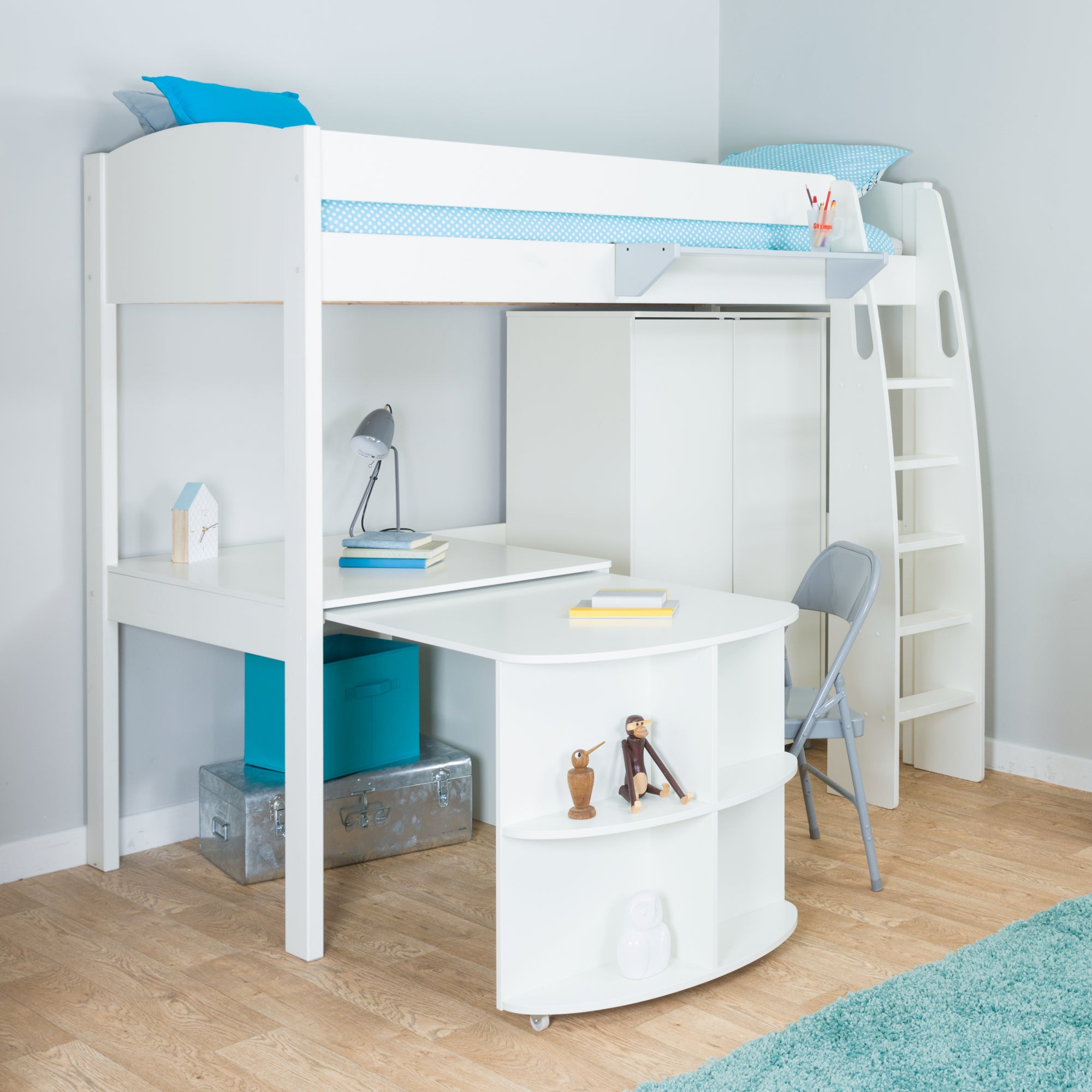 Stompa Uno High Sleeper With Wardrobe And Pull Out Desk Pine White