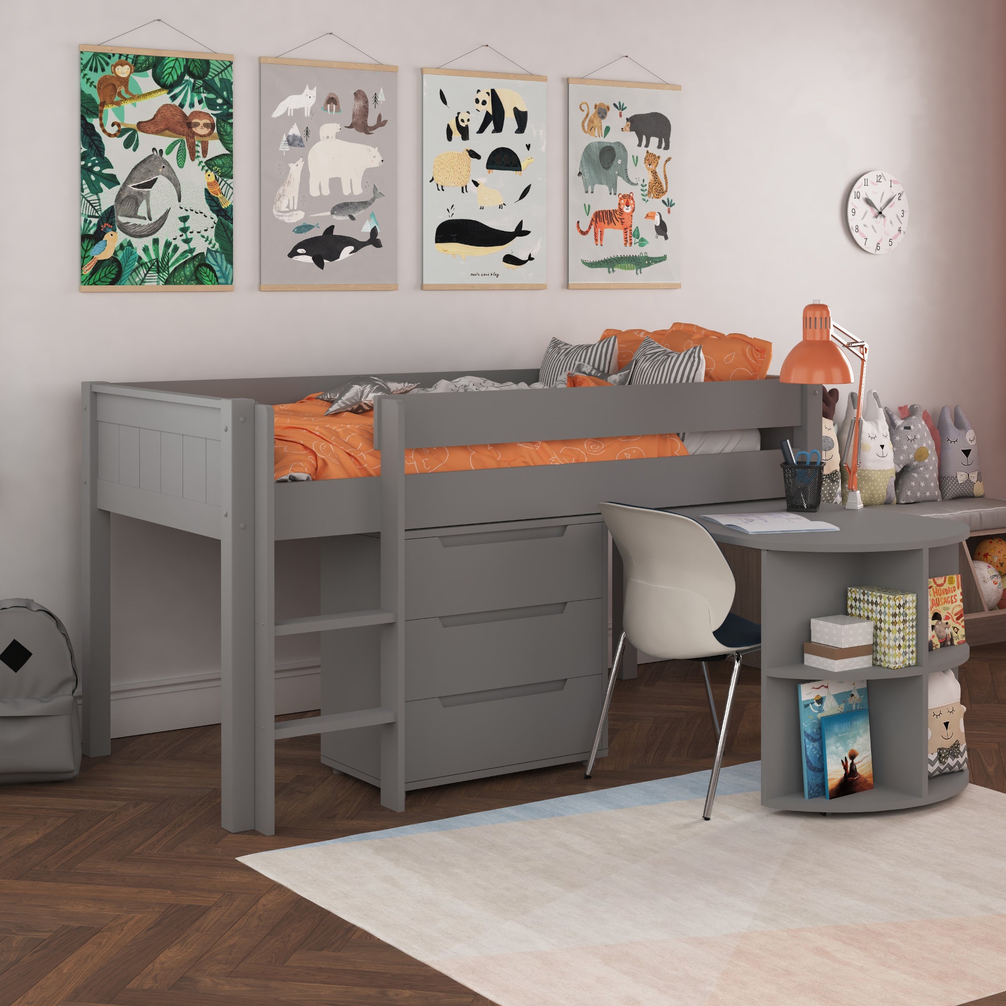 Stompa Classic Midsleeper With Pull Out Desk And 3 Drawer Chest Grey