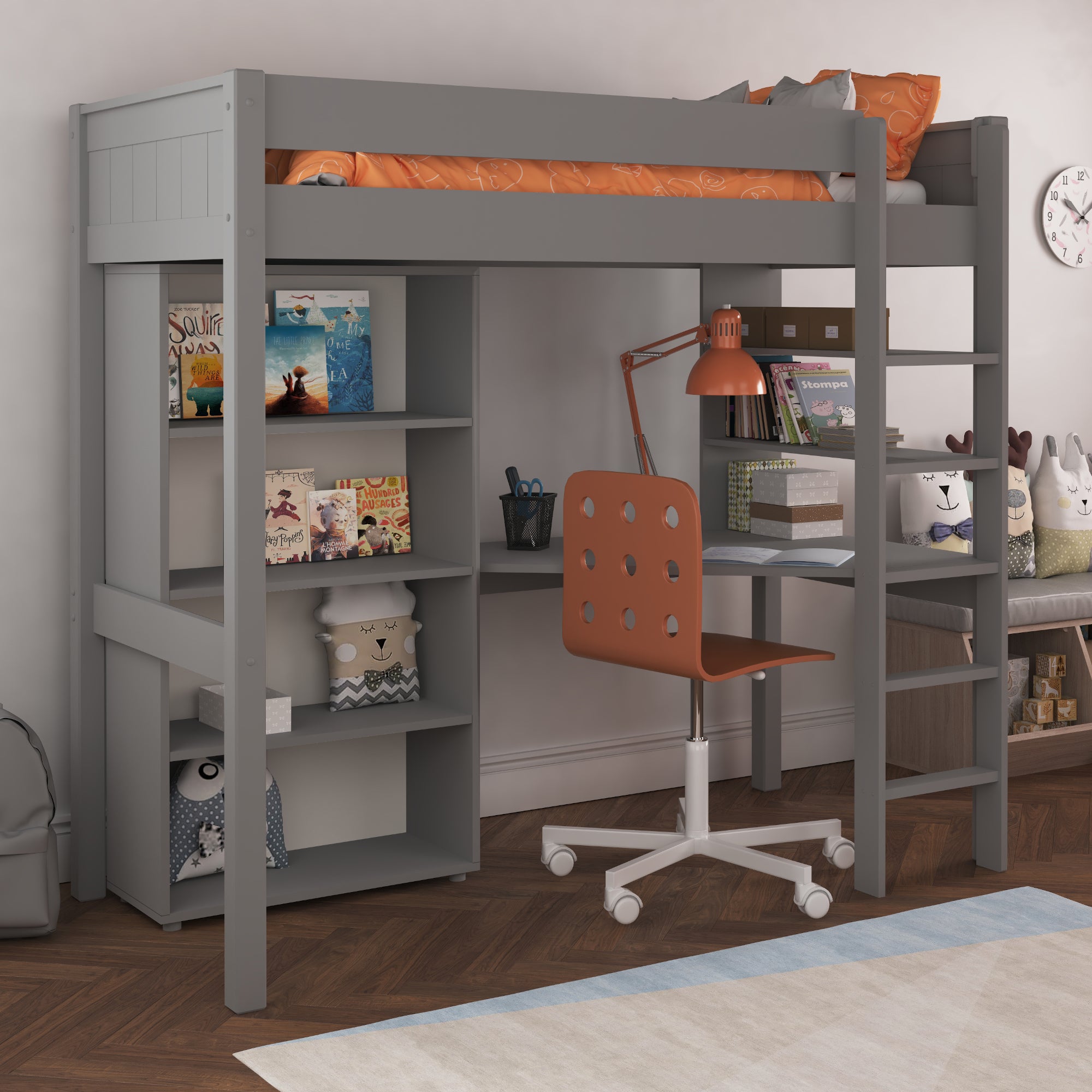 Stompa Classic Highsleeper With Desk And Bookcase Grey