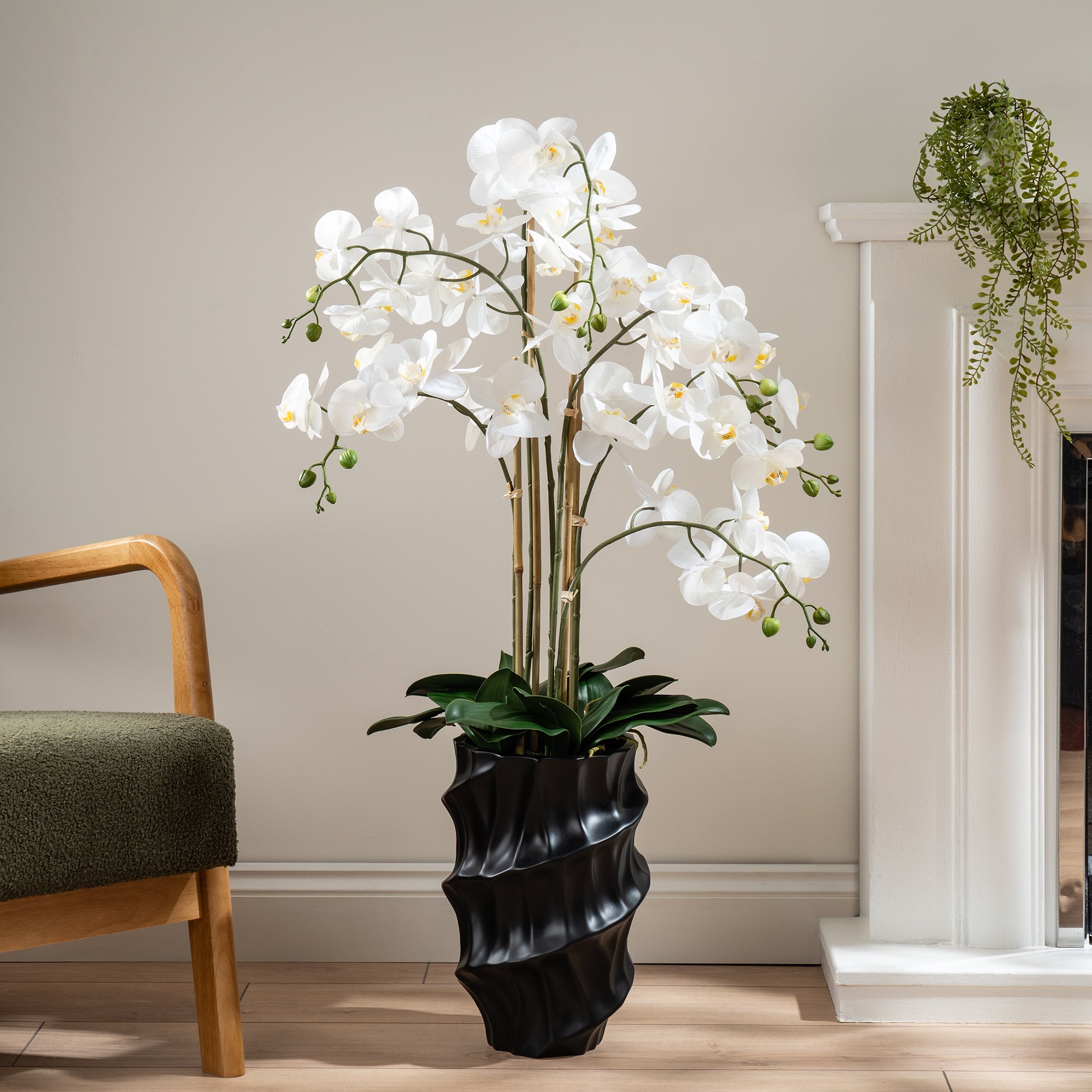 Artificial Real Touch Phalaenopsis Orchid In Stone Plant Pot White