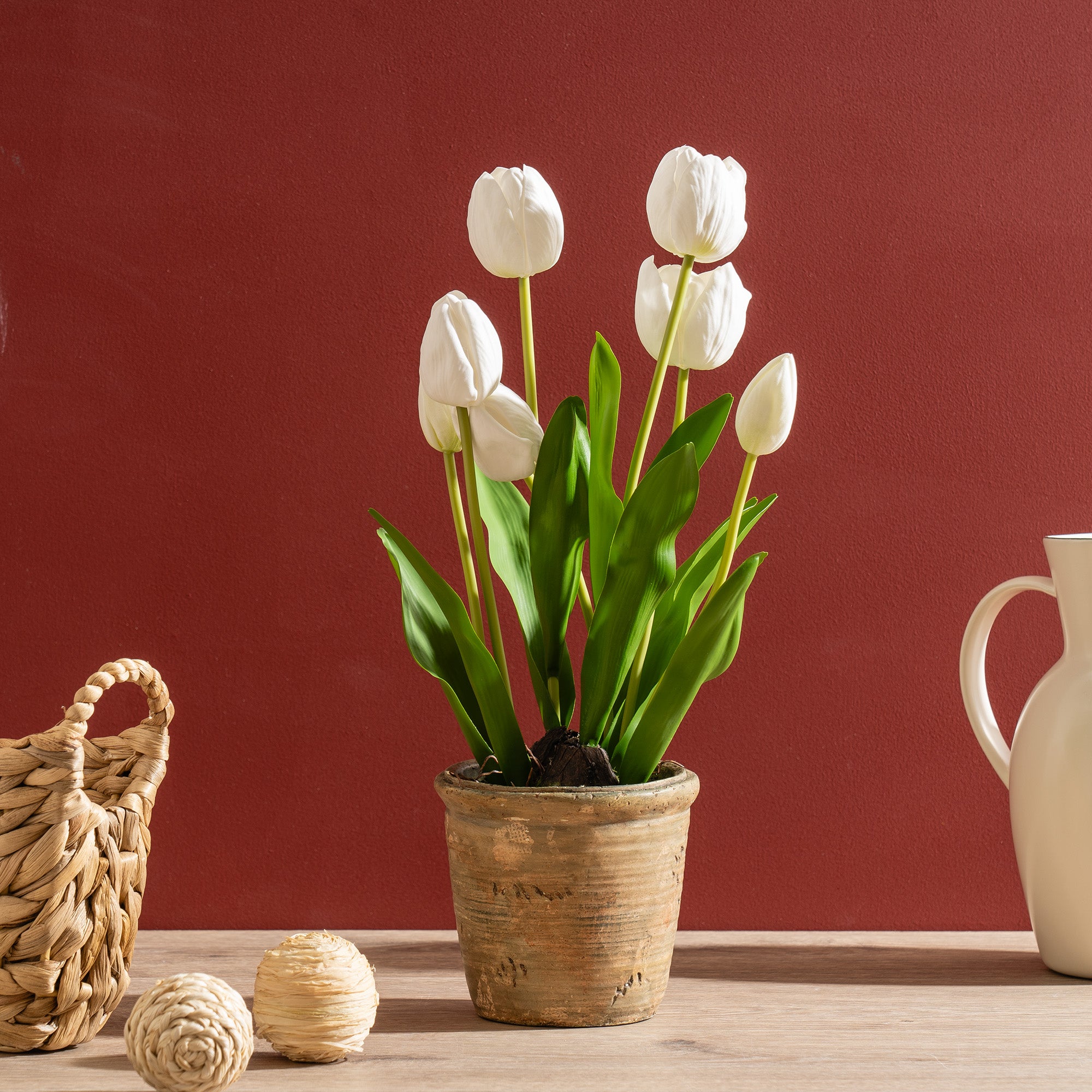 Artificial Tulip Spray In Cement Plant Pot White