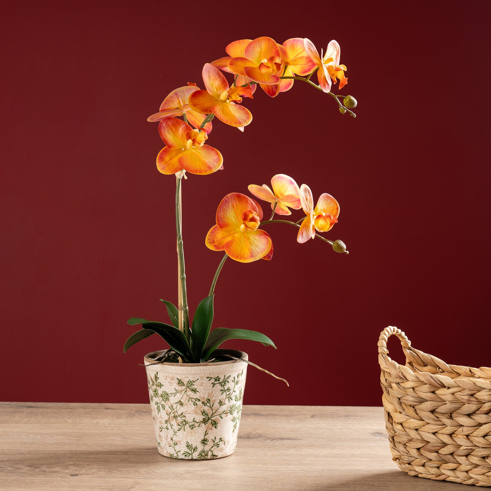 Artificial Real Touch Orange Phalaenopsis Orchid In Ceramic Plant Pot Orange