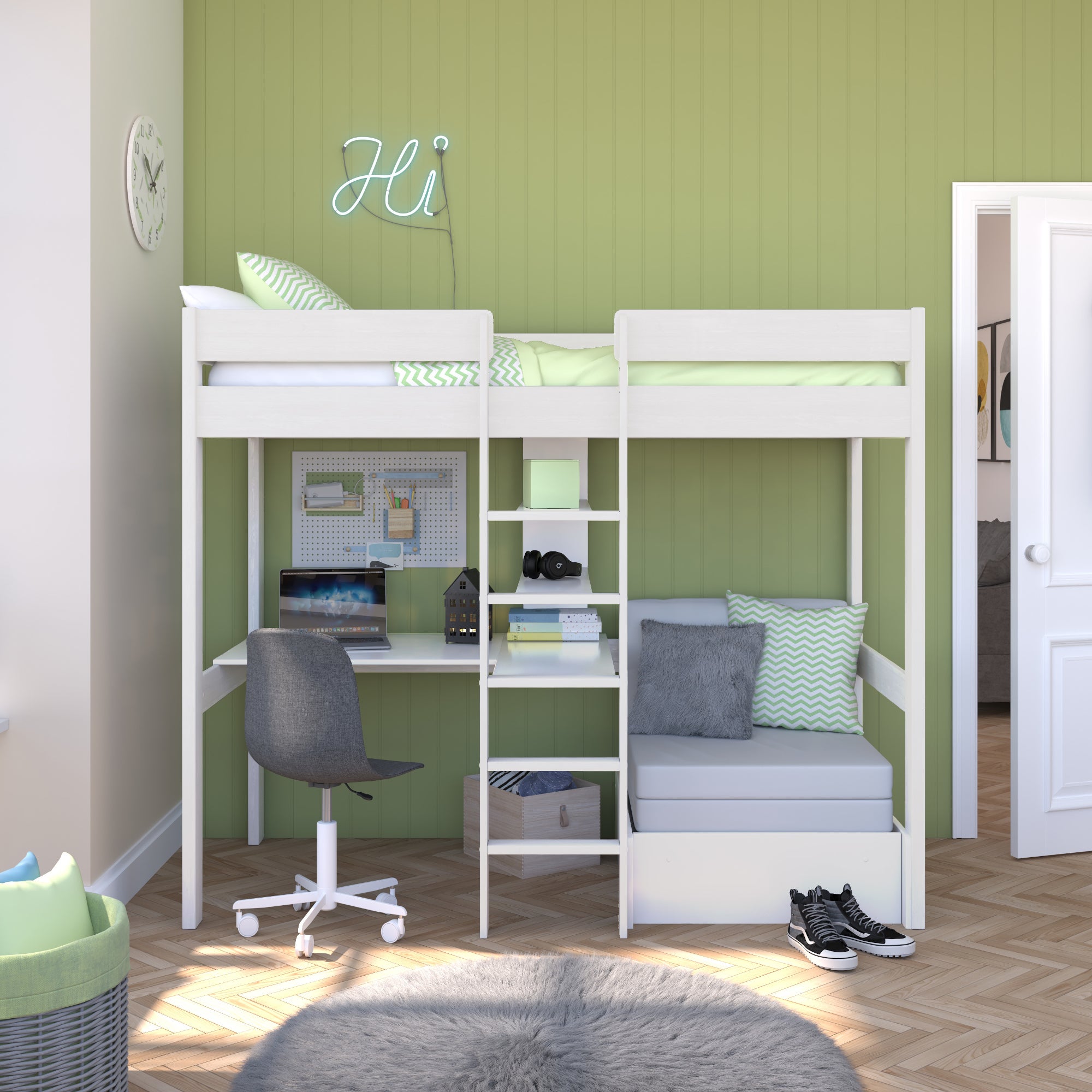 Stompa Uno Highsleeper With Chair Bed And Cushion Set Pine White