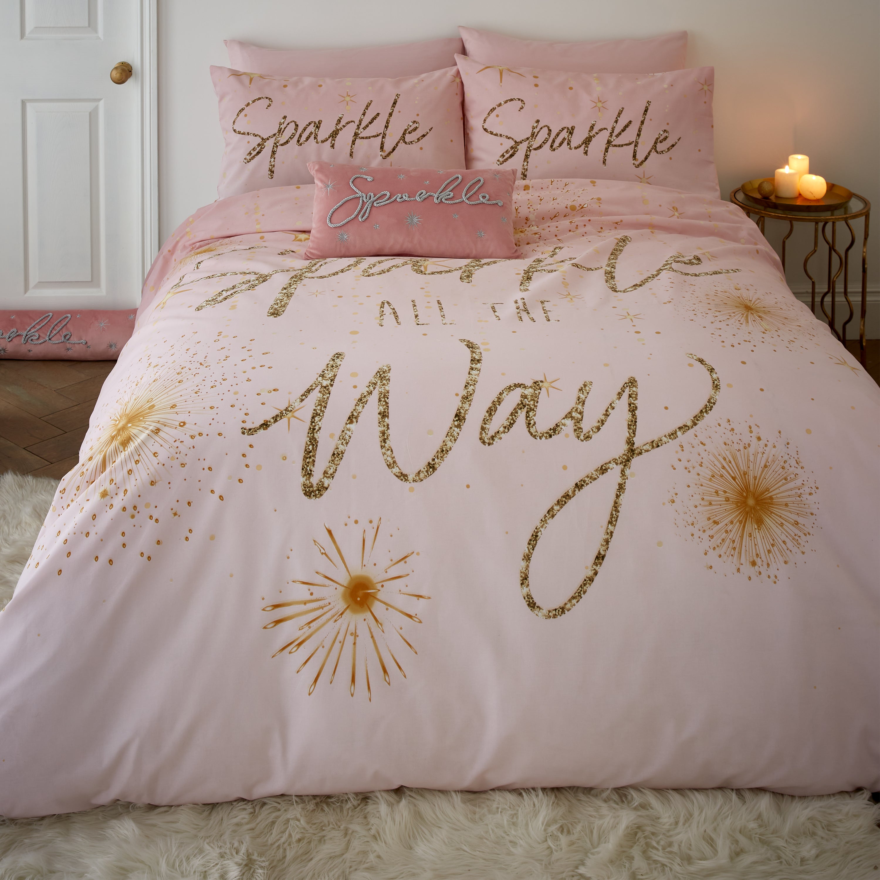 Catherine Lansfield Christmas Sparkle Reversible Duvet Cover And Pillowcase Set Pink