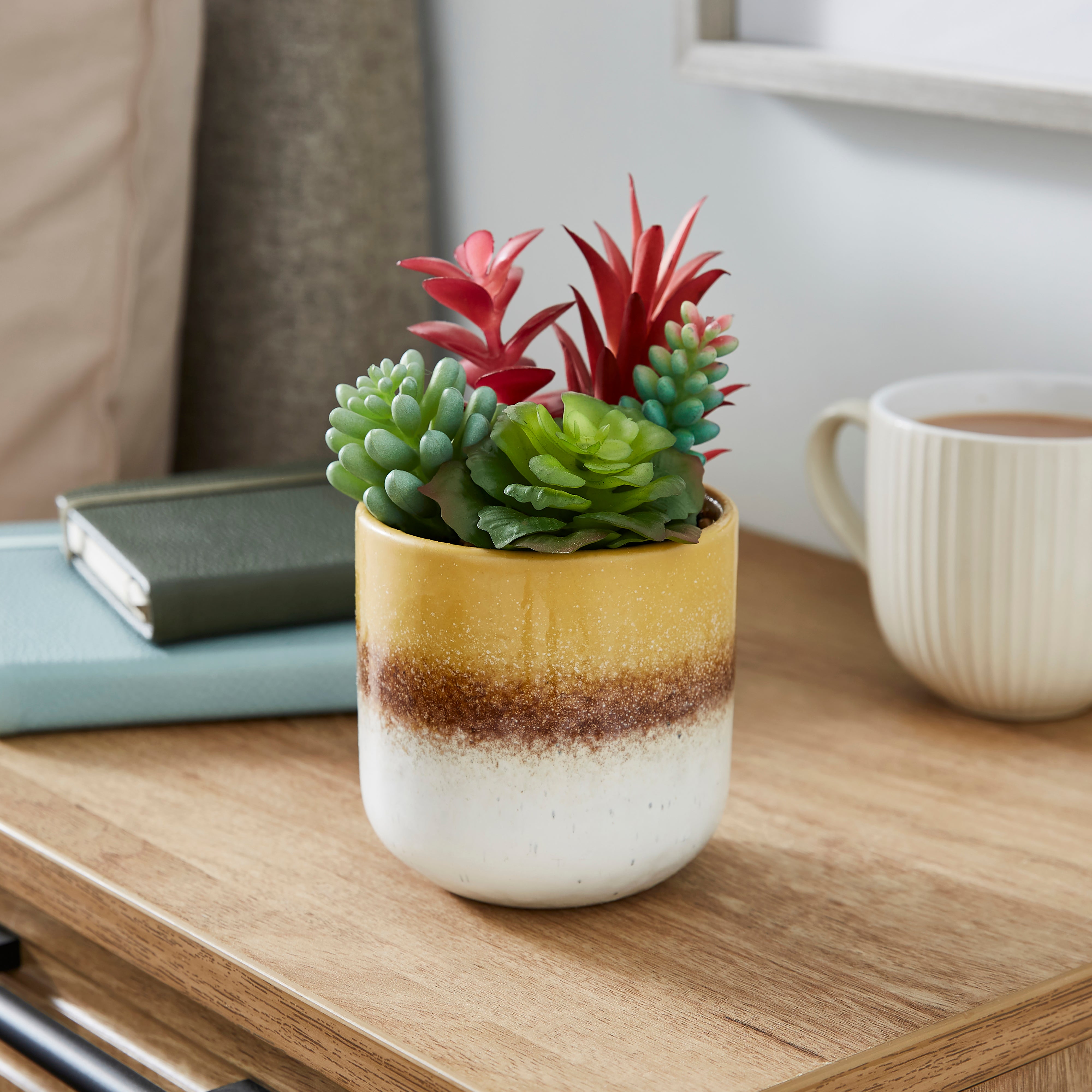 Artificial Succulents in Yellow Stripe Glazed Plant Pot Yellow