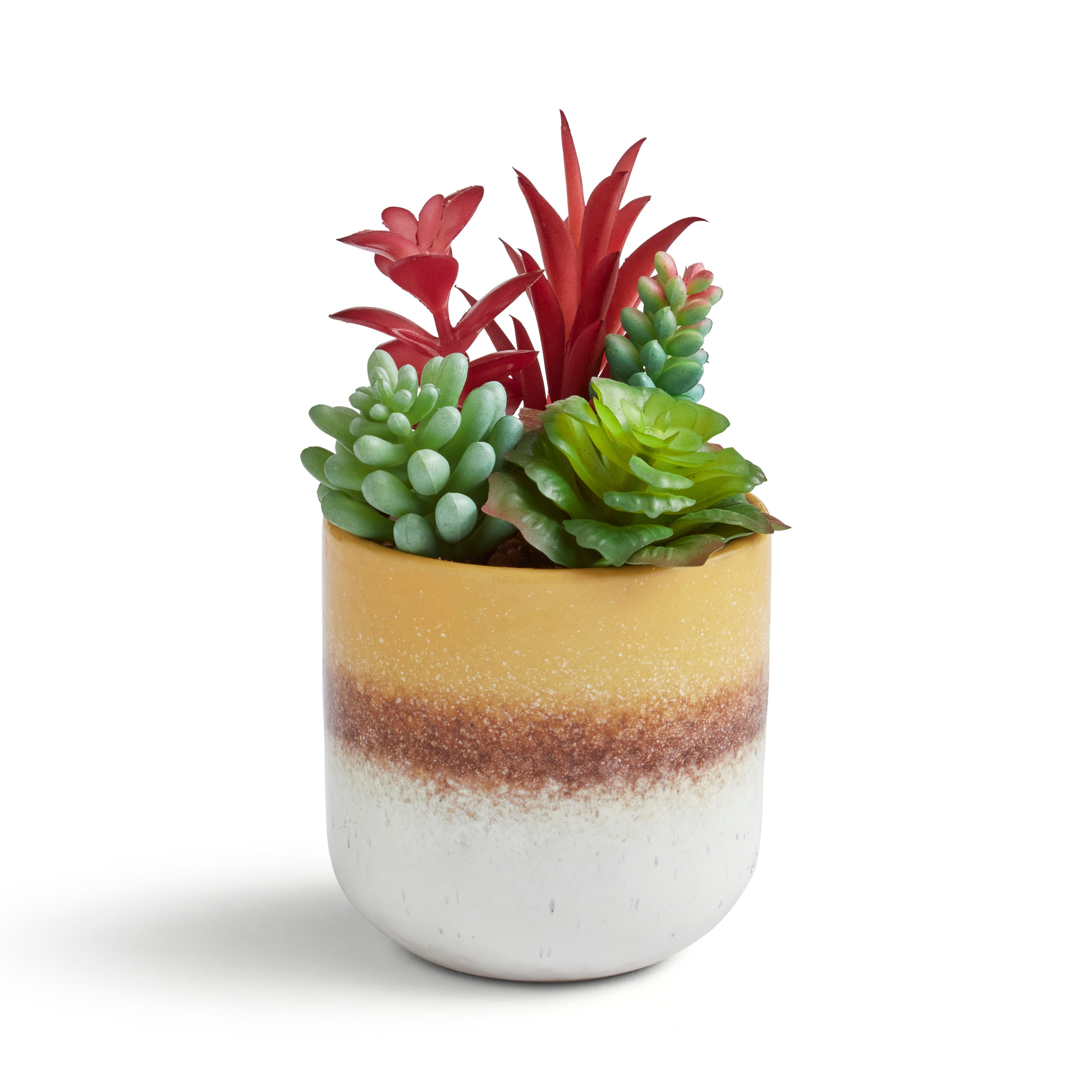 Artificial Succulents in Yellow Stripe Glazed Plant Pot Yellow