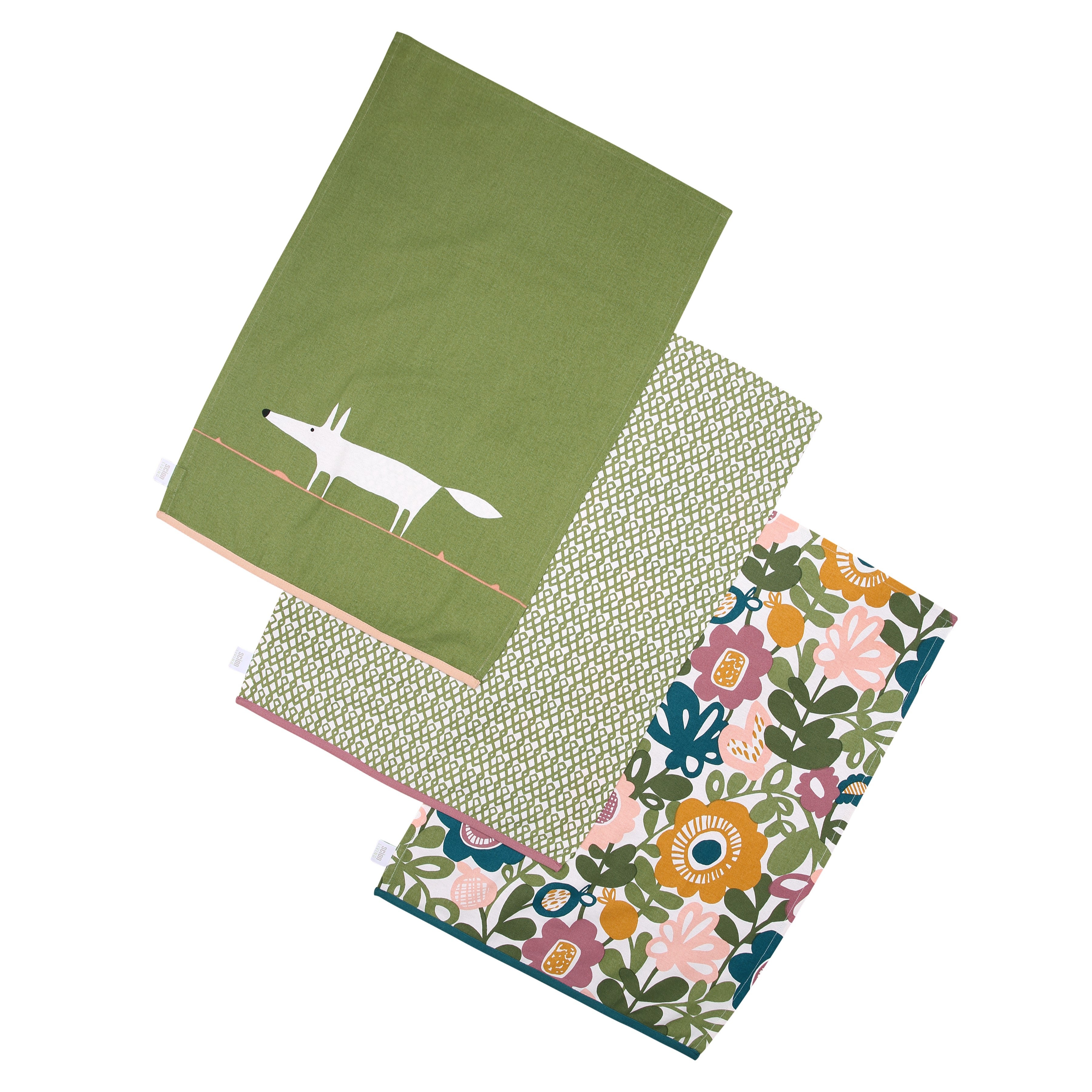 Scion Dexam Mr Fox Set Of 3 Green Tea Towels Green