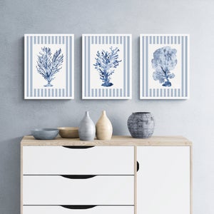Set Of 3 Shibori Coral Striped Framed Prints