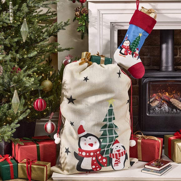 View Textured Penguin Stocking & Christmas Sack View Textured Penguin Stocking & Christmas Sack