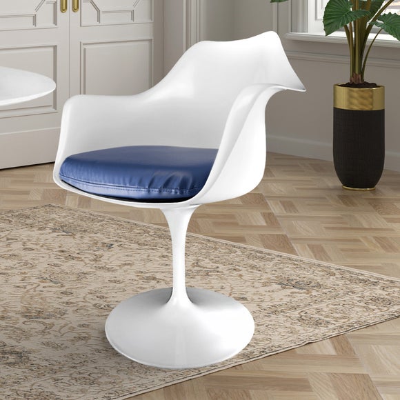 Fusion Living White Tulip Curved Arm Dining Chair With Pu Cushion