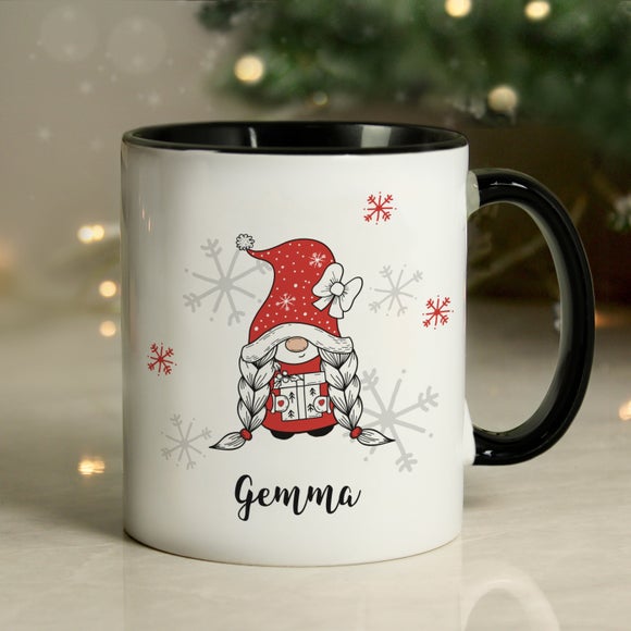 View Personalised Girl Gnome Black Handle Christmas Mug View Personalised Girl Gnome Black Handle Christmas Mug
