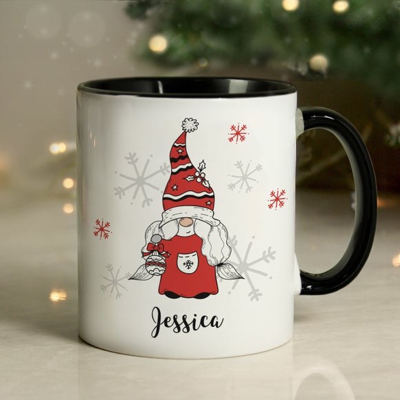 View Personalised Female Gnome Black Handle Christmas Mug View Personalised Female Gnome Black Handle Christmas Mug