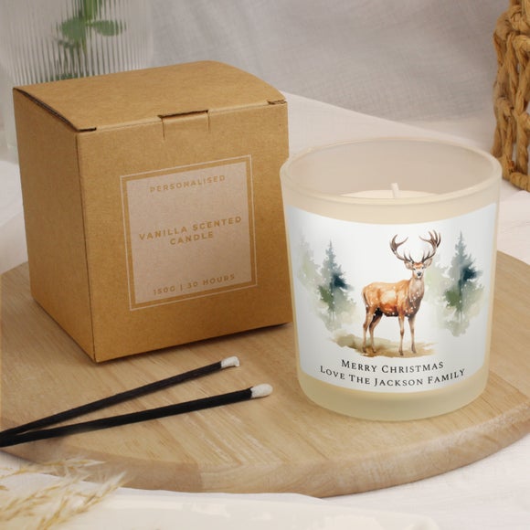 Click to view product details and reviews for Personalised Creamy Vanilla Watercolour Stag Candle.