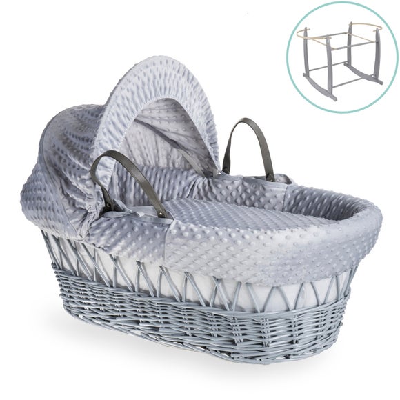 Clair de Lune Dimple Wicker Moses Basket with Deluxe Grey Rocking Stand