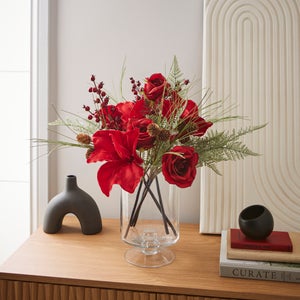 Artificial Red Amaryllis & Rose Arrangement In Footed Glass Vase