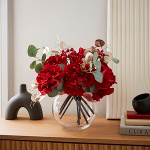 Artificial Red Hydrangea & Gold Eucalyptus Arrangement In Round Glass Vase