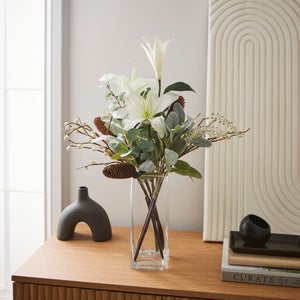 Artificial Winter White Lily Arrangement In Square Glass Vase