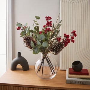 Artificial Red Berry & Spruce Arrangement In Round Glass Vase