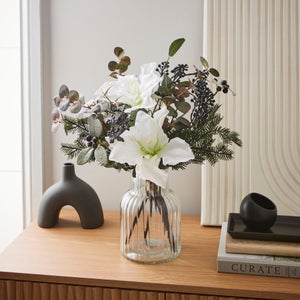Artificial White Amaryllis & Berry Arrangement In Ribbed Glass Vase