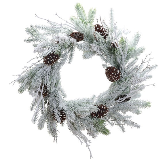 Click to view product details and reviews for Snowy Wreath With Pine Foliage Cones.