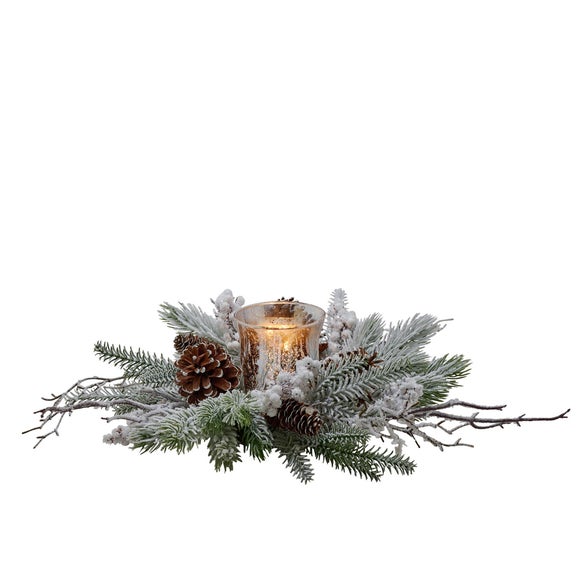 Click to view product details and reviews for Snowy Candle Wreath With Pine Foliage Cones.