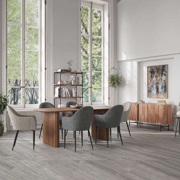 Indus Valley Zen Dining Table With 6 Boucle Grey Dining Chairs