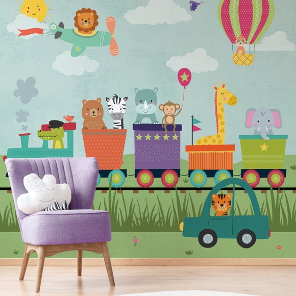 Kids Animal Party Train Wall Mural
