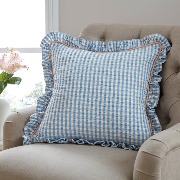 Click to view product details and reviews for Seersucker Gingham Frill Cotton Square Cushion.