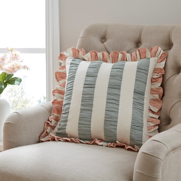 Click to view product details and reviews for Seersucker Stripe Frill Cotton Square Cushion.