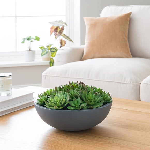 Click to view product details and reviews for Artificial Succulent Arrangement In Grey Cement Bowl.