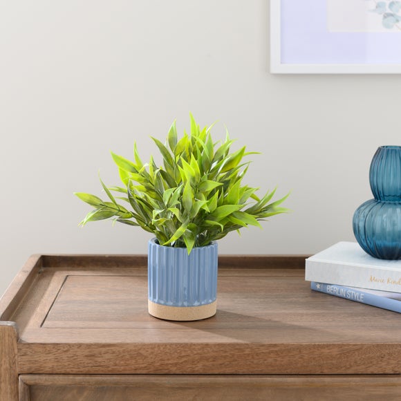Artificial Bamboo Plant In Ribbed Blue Ceramic Plant Pot
