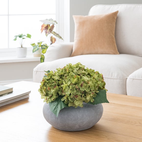 Artificial Green Hydrangea Arrangement In Grey Plant Pot