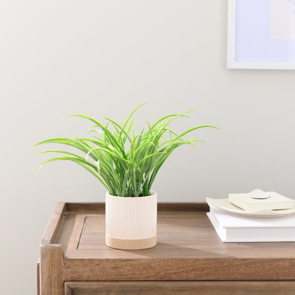 Artificial Grass In White Ribbed Ceramic Plant Pot