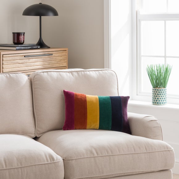 Click to view product details and reviews for Clara Striped Rainbow Cotton Velvet Rectangular Cushion.