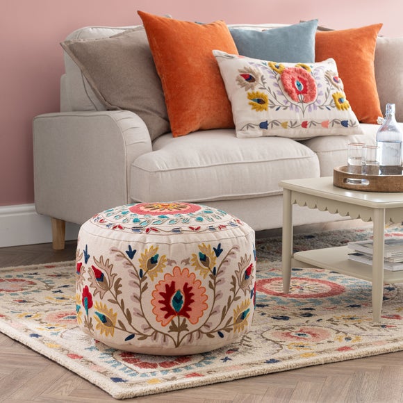 Hani Embroidered Round Pouffe