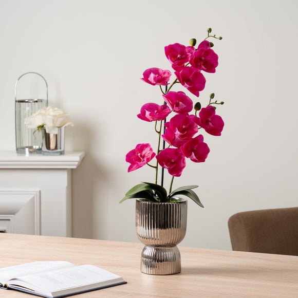 Artificial Hot Pink Orchid In Silver Plant Pot