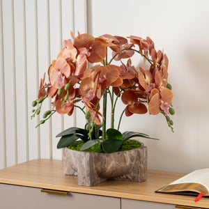 Artificial Brown Orchid In Marble Effect Footed Plant Pot