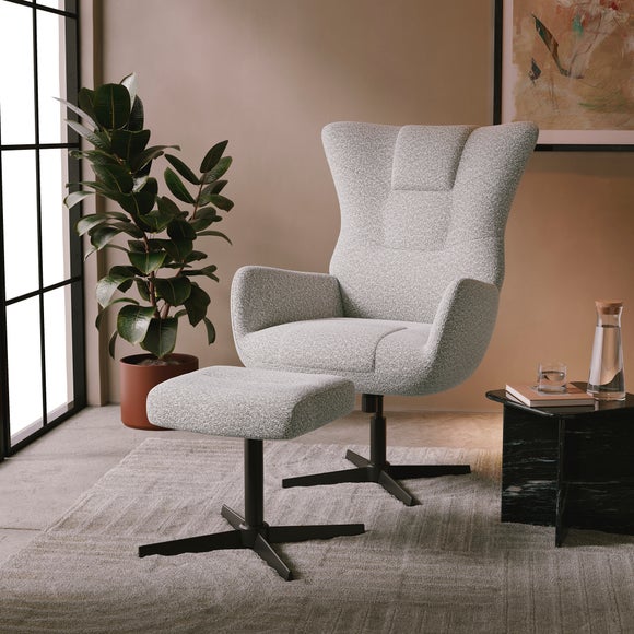 Kara Highback Chenille Swivel Chair And Footstool