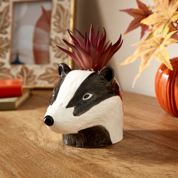 Click to view product details and reviews for Artificial Succulent In Ceramic Badger Plant Pot.