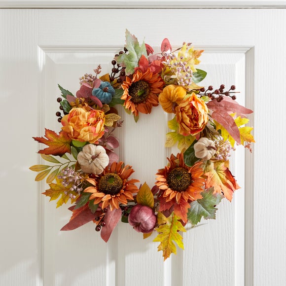 Click to view product details and reviews for Artificial Pumpkin Sunflower Wreath.