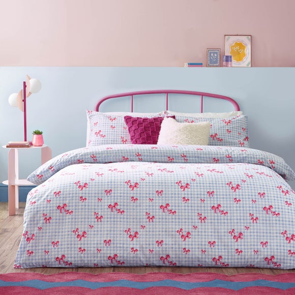 Gingham Bows Reversible Duvet Cover And Pillowcase Set