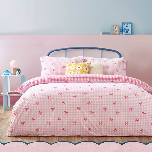 Gingham Bows Reversible Duvet Cover and Pillowcase Set