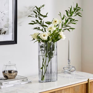 Luxe Ribbed Rectangle Grey Glass Vase