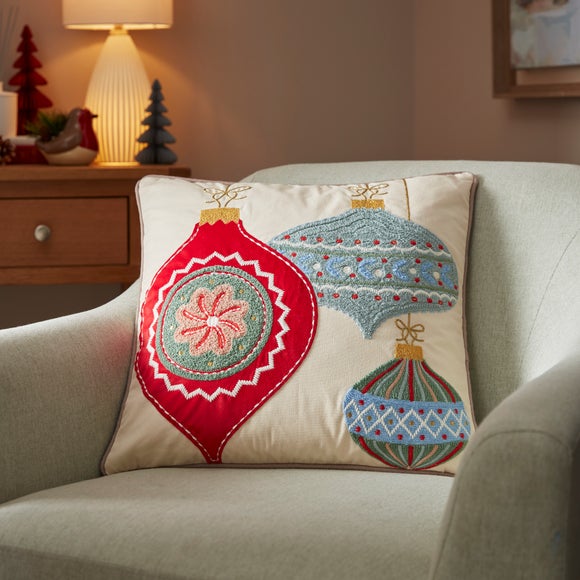 Click to view product details and reviews for Christmas Baubles Cotton Square Cushion.