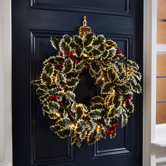 Artificial Pre-Lit Variegated Holly Wreath