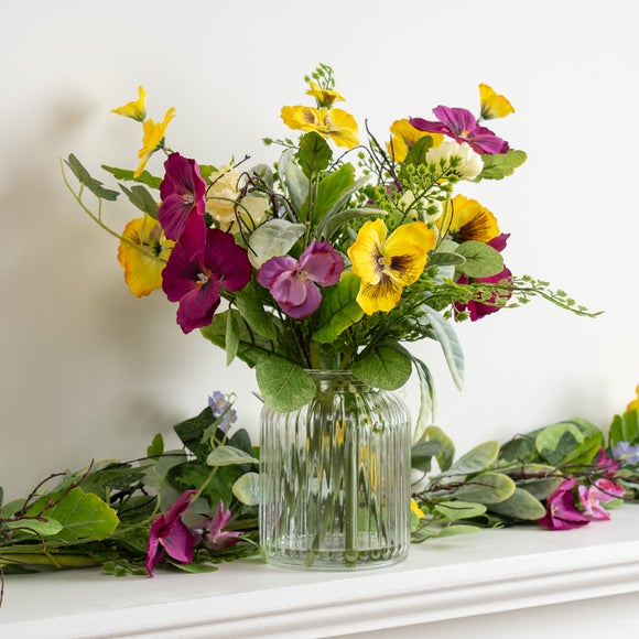 Artificial Spring Pansy Arrangement in Glass Vase