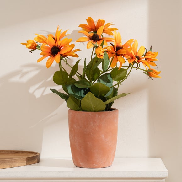 Artificial Orange Rudbeckia In Terracotta Plant Pot