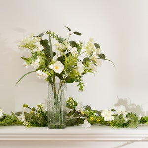 Artificial White Floral & Eucalyptus Bouquet In Glass Vase
